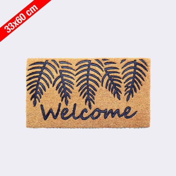 Felpudo de fibra de coco natural con relieve de goma 'Diseño Tropic Welcome' de medidas 33x60cm