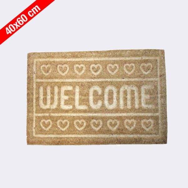 Felpudo de fibra de coco natural relieve 'Diseño Corazones Welcome' de medidas 40x60cm