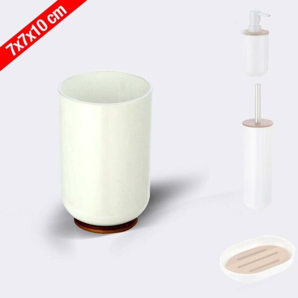 Vaso para baño de poliestireno 'Color Blanco' y base de bambú